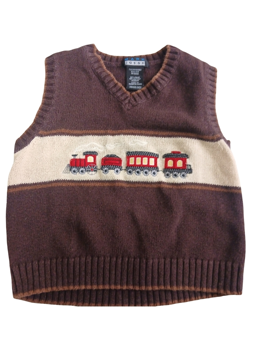 Vintage Baby Boy Brown Knit Crewneck Vest with Tan Trim And Embroidered Train